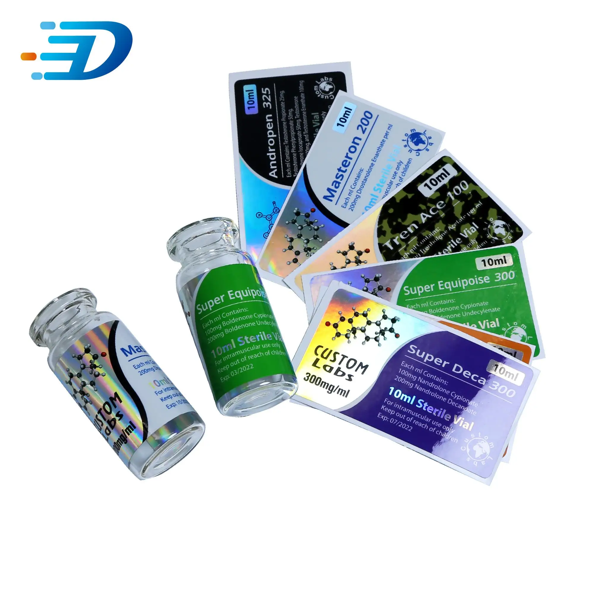 custom 2ML 5ML 10Ml 30ML Hologram  glass Vial and vial sticker  Label and box packaging