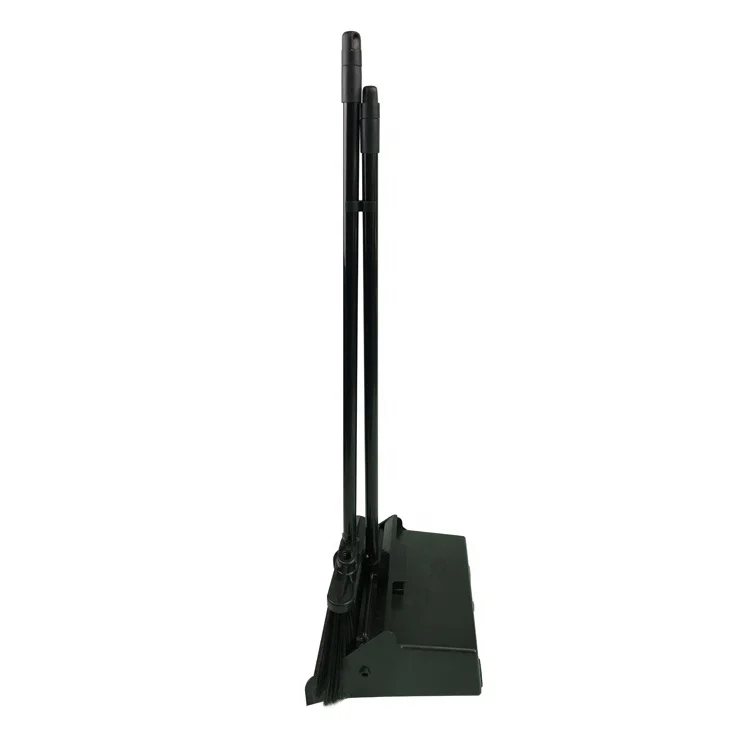 ESD ECO Plastic Black Folding Wind Proof Dustpan With Metal Stick and Broom Set For Cleaning