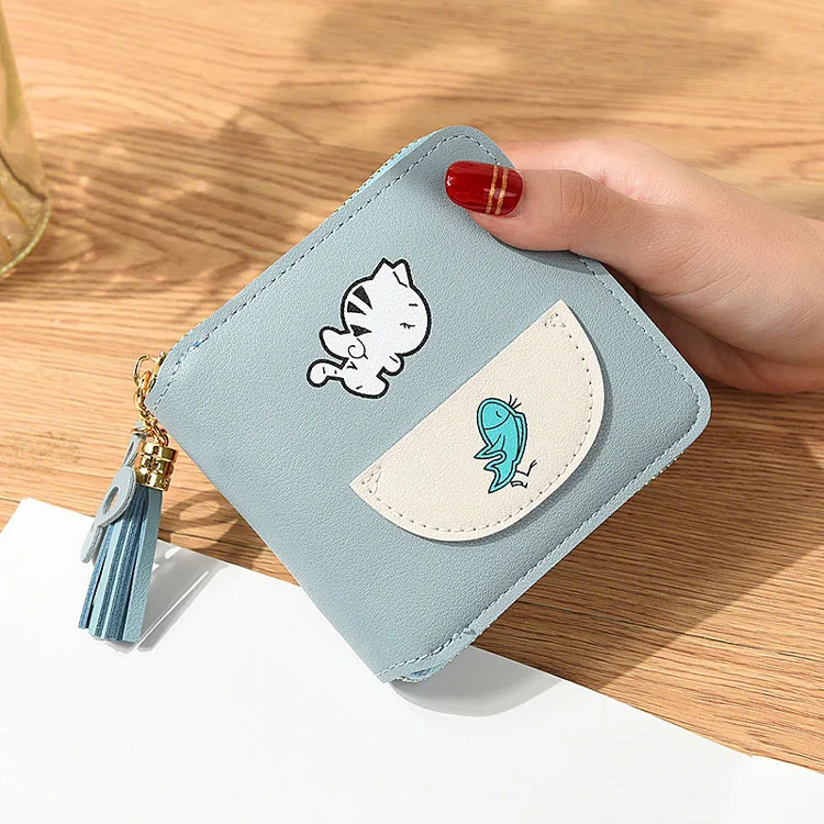 С принтом «кот ест рыбу» с бахромой; Новая кошелек длинными рукавами короткими Симпатичные портмоне для женщин обувь девочек-школьниц на молнии и квадратном мини