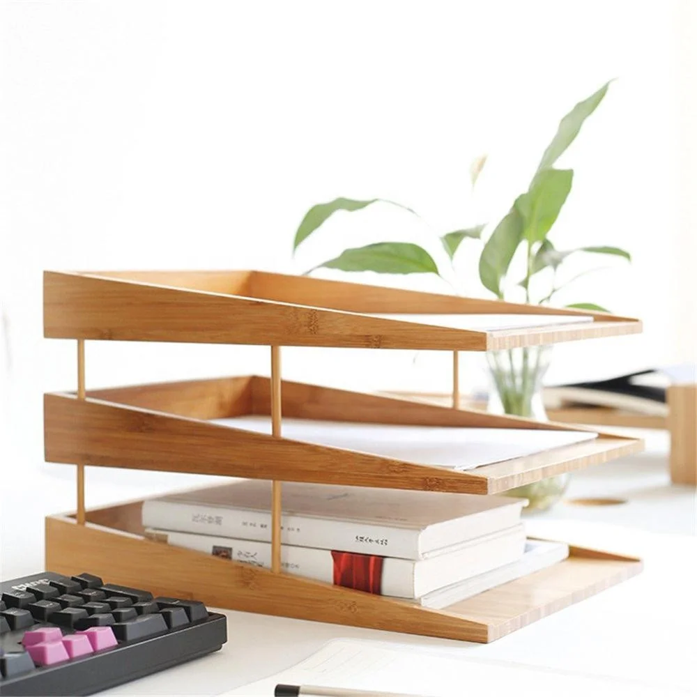 Desk Organizer Multifunction Bamboo Wood with 3 Trays for Book and File