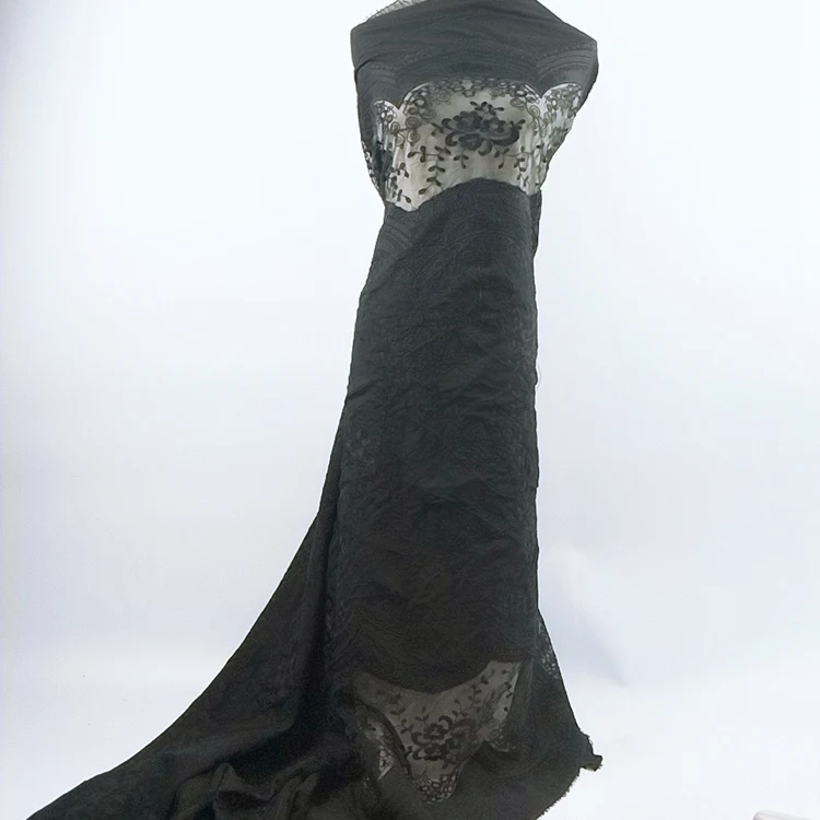 Elegant pakistani fabrics black tulle lace fabric for robe embroidery