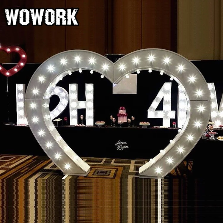 
WOWORK Giant lighted white metal frame heart shaped arches with fairground bulb wedding props 