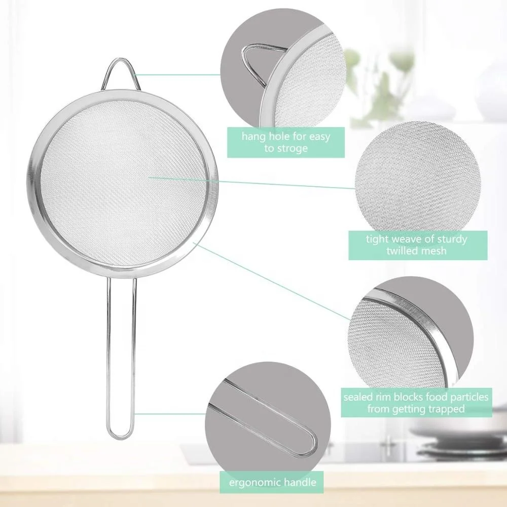 Premium Quality Stainless Steel Fine Mesh Strainers with Wide Resting Ear Design