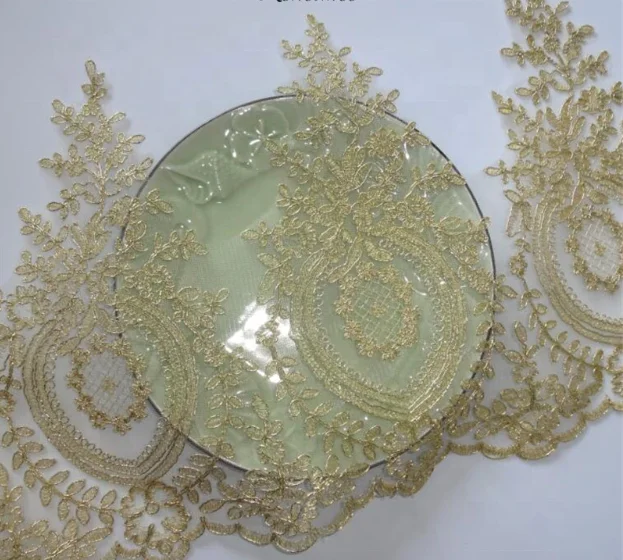 Hot Sale Light Gold Mesh Lace Trim Luxury Embroidery Light Gold Fabric for Wedding Dresses 30cm