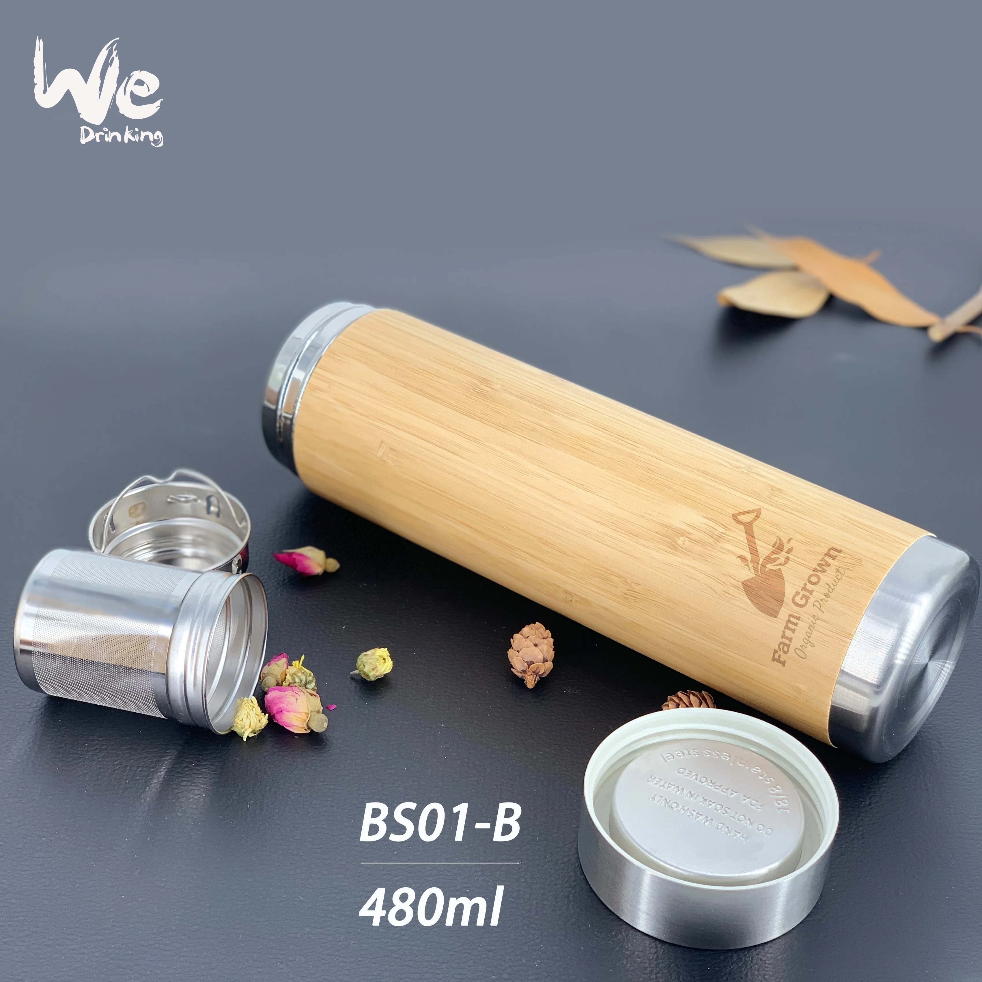 550ml Big Capacity Original Natural Vacuum Insulated Bamboo Thermos  with Infuser and Strainer