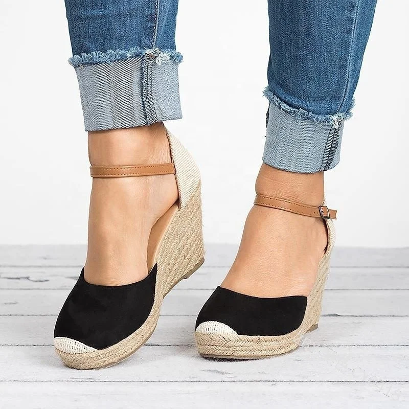 Fashion Women Closed Toe Espadrilles Platform Heel Wedge Shoes Ankle Strap Sandals
