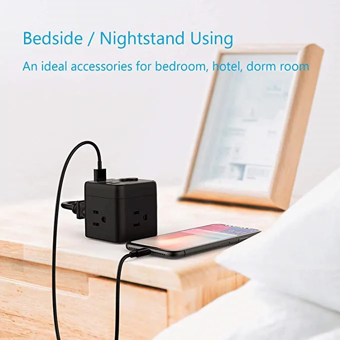 
Cube Portable Power Strip with 3 USB 3 Outlet Charging Station for Nightstand & Desktop & Travel - Black 