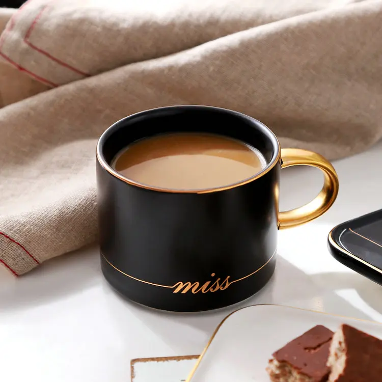 Wholesale home goods breakfast couple ceramic stoneware coffee cup saucer with golden intersperse