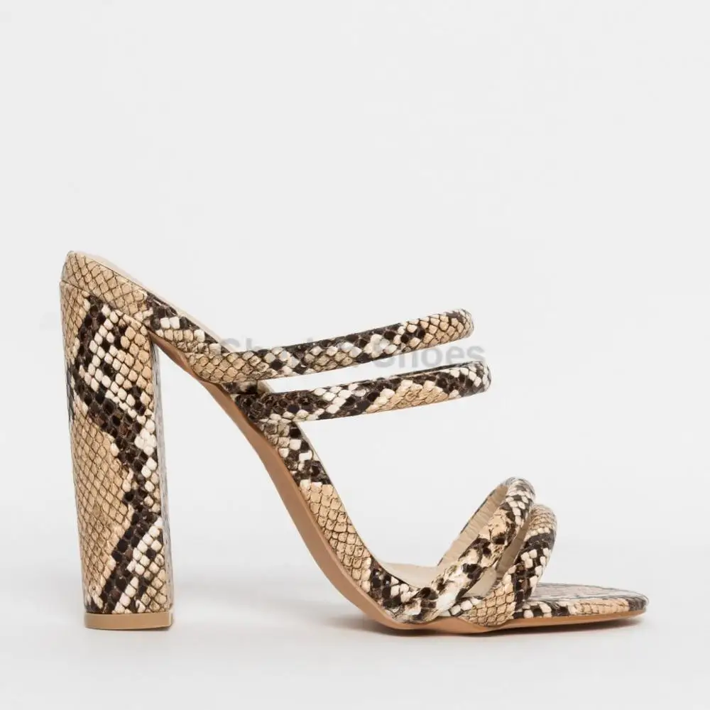 New Design Model Snake Skin Ladies Block High Heel Sandals  Summer Women Shoes Open Toe Mules With Heels