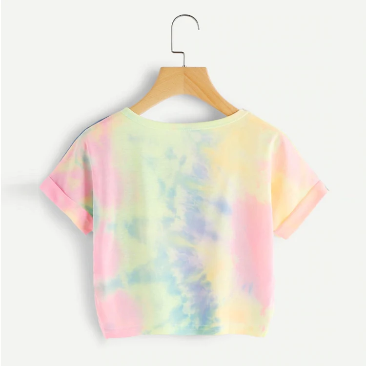 
Hot seller Cuffed Sleeve Crop Pastel Tie Dye Tee girls t shirt 