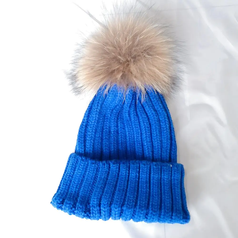Hot sale kids knitted real mink fur bobble hat beanie hat