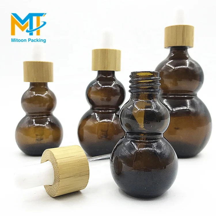 luxury unique design 10ml amber double gourd shape glass essential oil dropper bottle with bamboo lid
