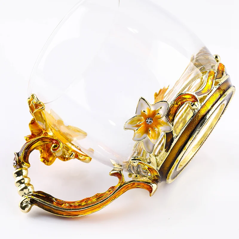 
Creative Lily Enamel Cup Carved Diamond Flower Tea or Coffee Cup Crystal Heat Resistant Glass Water Cup 