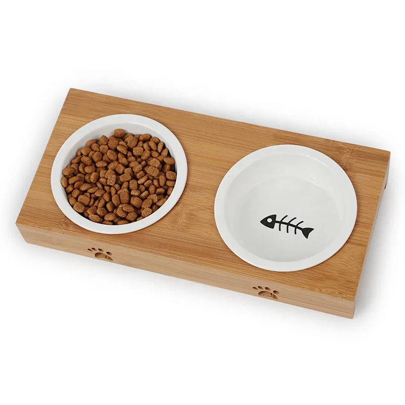 Ceramic Bowl Small Pet Dog Bamboo Wooden Bowl Elevated Stand Feeder Dining Table with White Double Cat Bowls