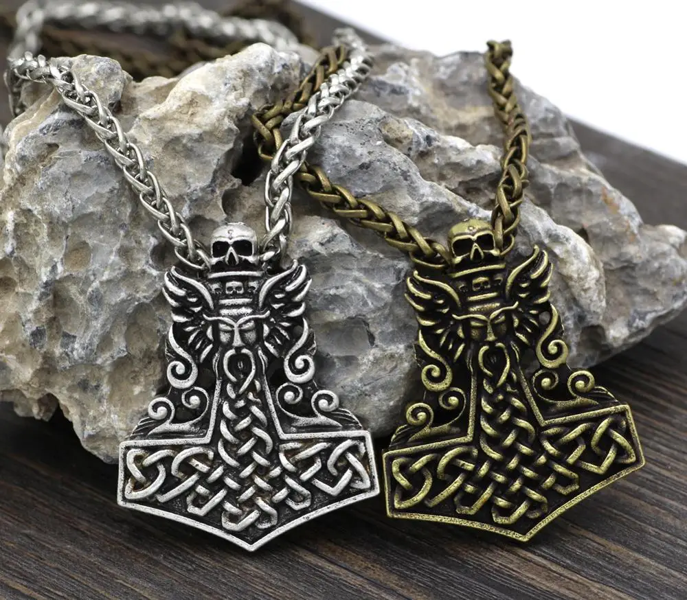 Viking Odin Knot Hammer Skull  Pendants Necklace Protect Talisman Men Jewelry