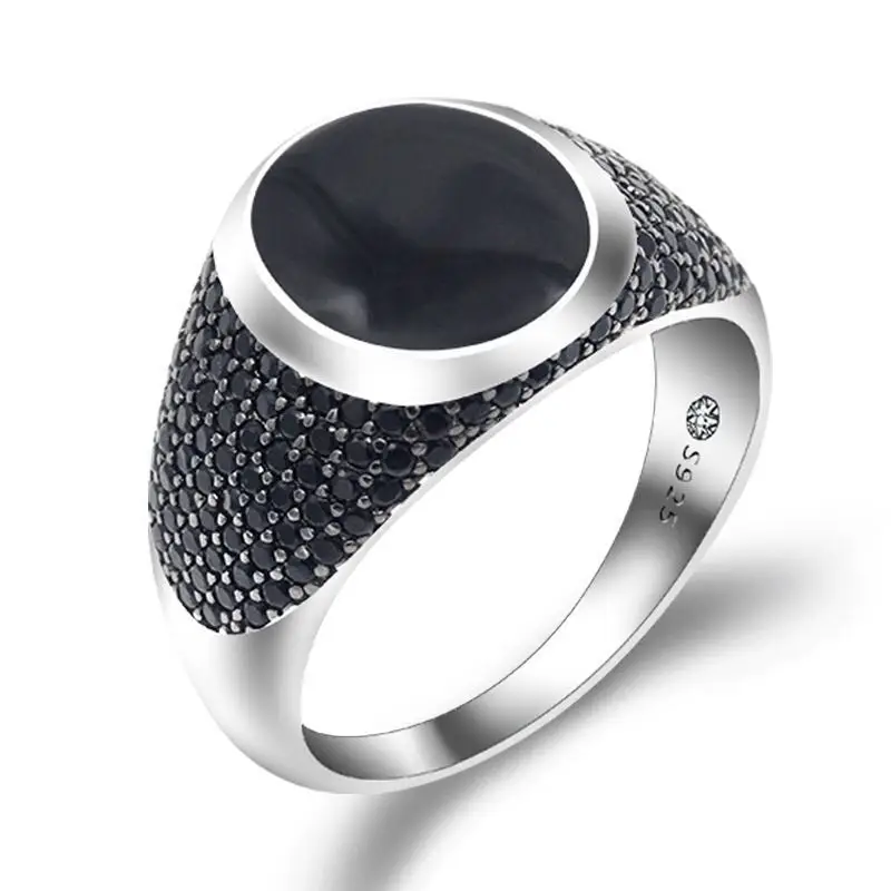 925 Sterling Silver Black Enamel Rings with Black Cubic Zirconia Stones Unique Vintage  Ring for Men