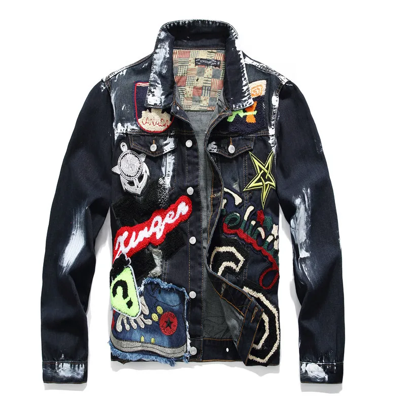 3005 New Fashion Cheap Price Paint Badge Patch Dark Blue Denim Jean Jacket Factory From China