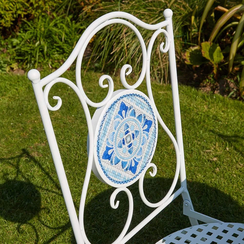 White Blue Mosaic Bistro Set Patio Garden Table and 2 Chairs