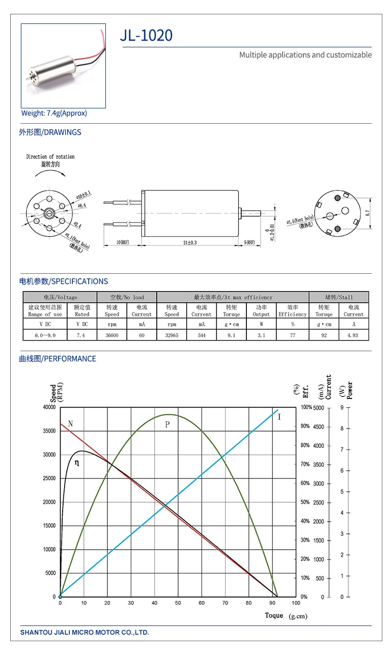 JL-1020  Customizable Components Motor High-Torque RC Coreless Motor 1020mm, DC 3.7V 39500RPM, Coreless Motor for Four-axis