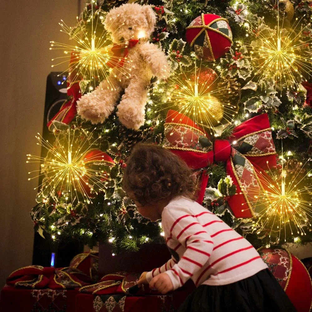 120 LED 8 Modes Dimmable Hanging Starburst Lights CHRISTMAS Firework Copper Fairy String Lights For Room Decoration Outdoor