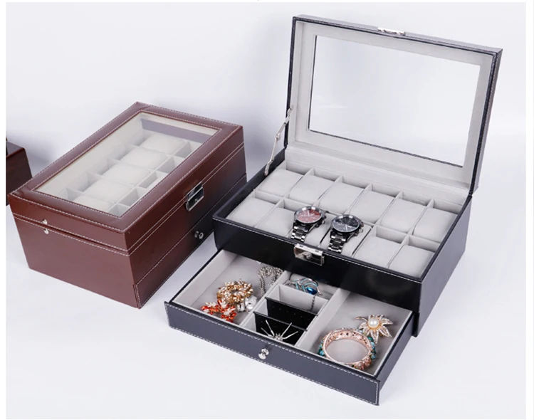 
New Design Custom Logo Luxury Leather 12 Slots Double Layer Jewelry Watch Box With Glass Winder 
