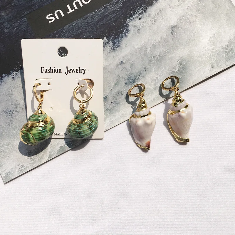 gold plated natural cowrie sea shell huggie hoop earrings beach boho women earrings conch shell earrings