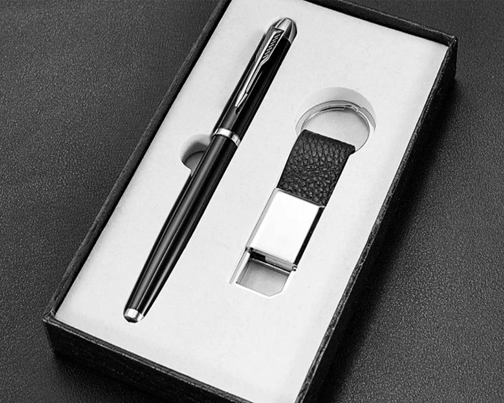JCX/2022 Hot Sale High Quality Custom Logo Corporate Business Gift Set PU Leather Metal Key Chain with Pen Business Gift Sets