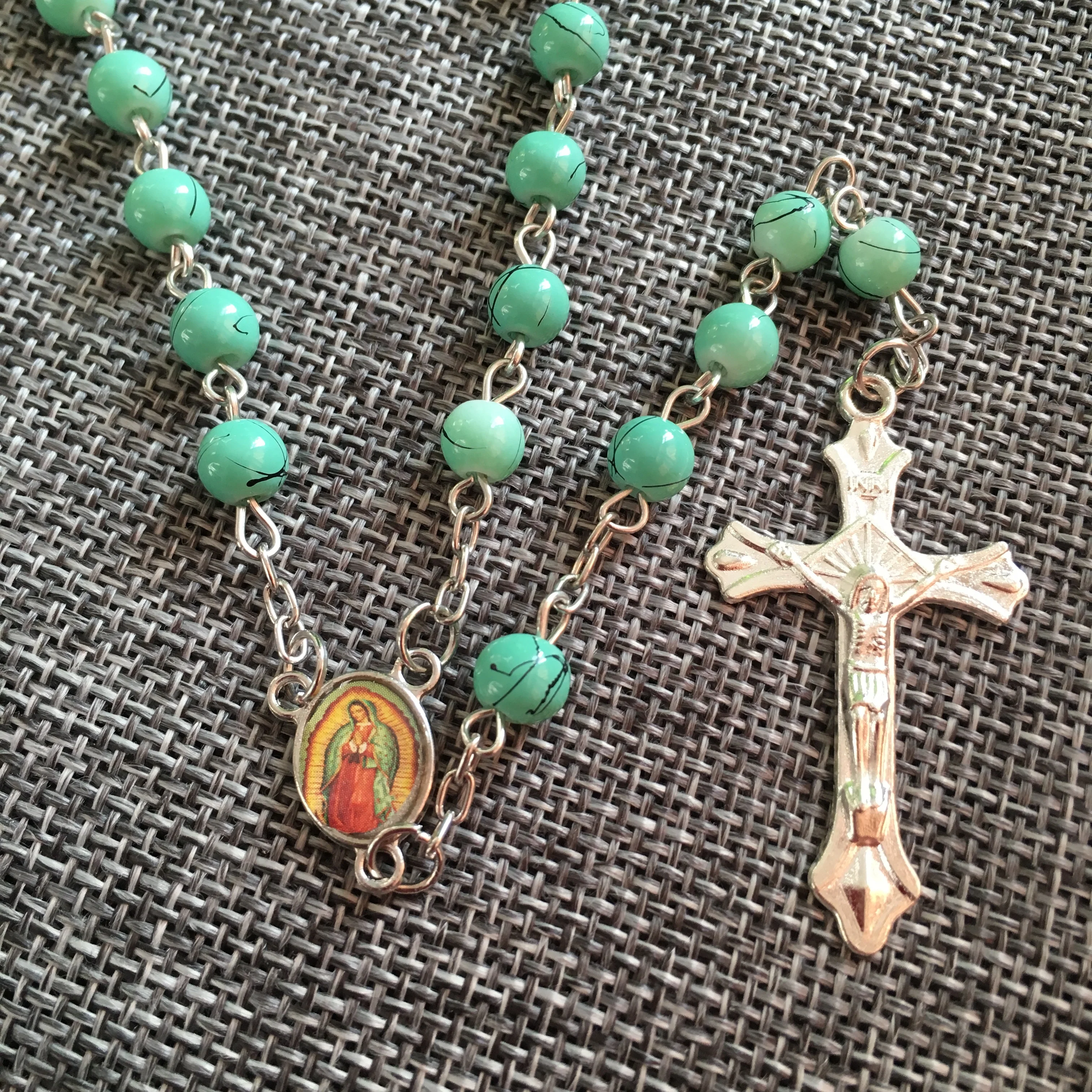 green glass rosary necklace baking varnished religious rosary beads with virgin Guadalupe centerpiece