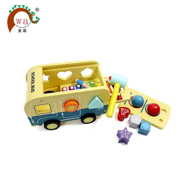 2019 New arrival children wooden toy school bus for preschool kids