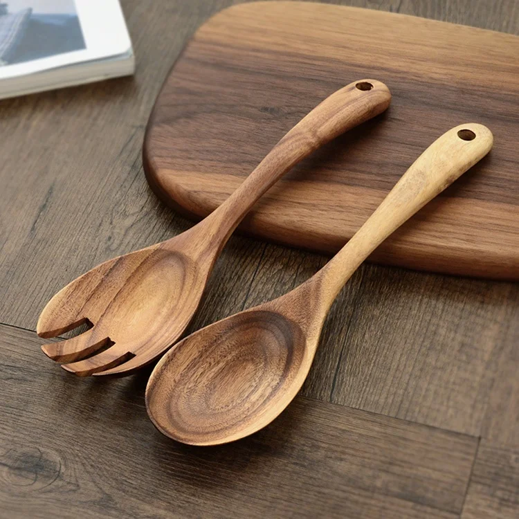 Creative  Natural Acacia Wood Handmade Salad  Serving Set Stirring Fork  Spoon