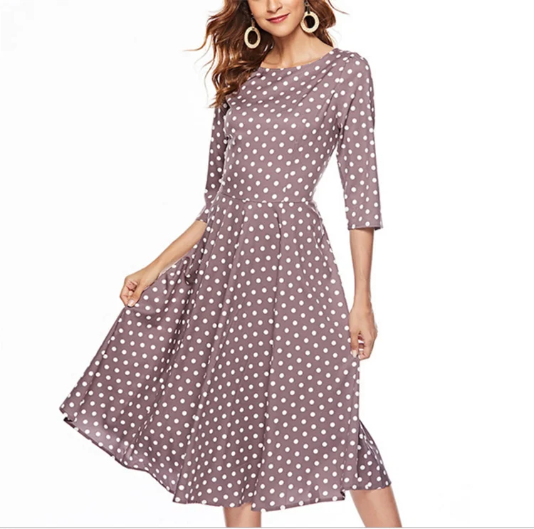 Vintage Polka Dot Three-point Sleeve Dress Hepburn Style Elegant A-line Dress In Stock