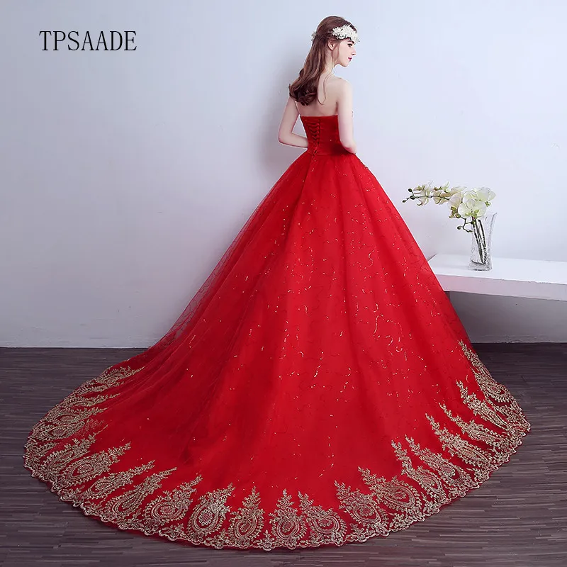 Chinese Red Tulle Appliques Beaded Sequin Strapless Wedding Dress with Long Train Golden Lace Bridal Gown 2020 Vestido de novia