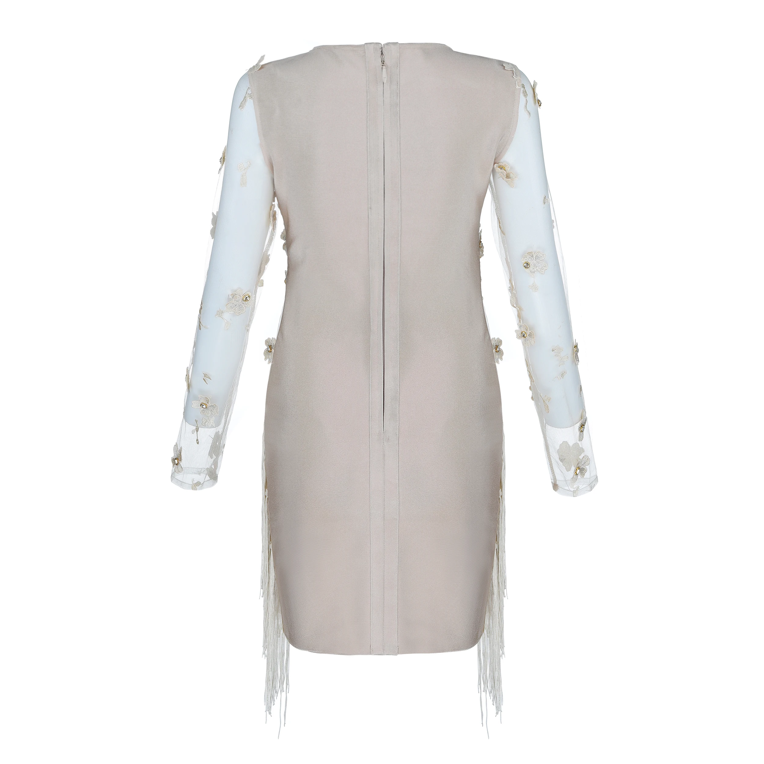 Nude Long Sleeve Lace Embroidery Floral Crystal Tassel Sexy Bodycon Dress 2019