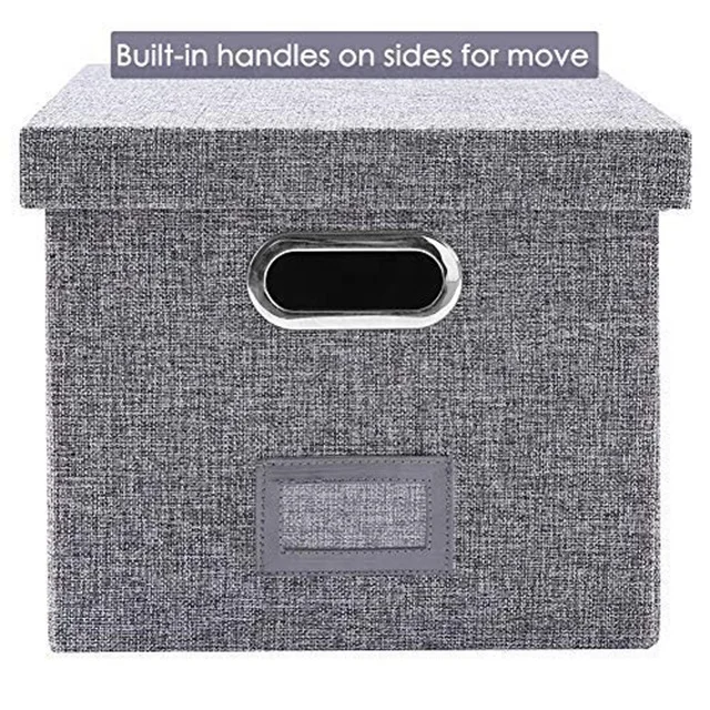 New Design Grey Foldable Book Storage Box Wih Metal Handles Lid Collapsible File Storage Box