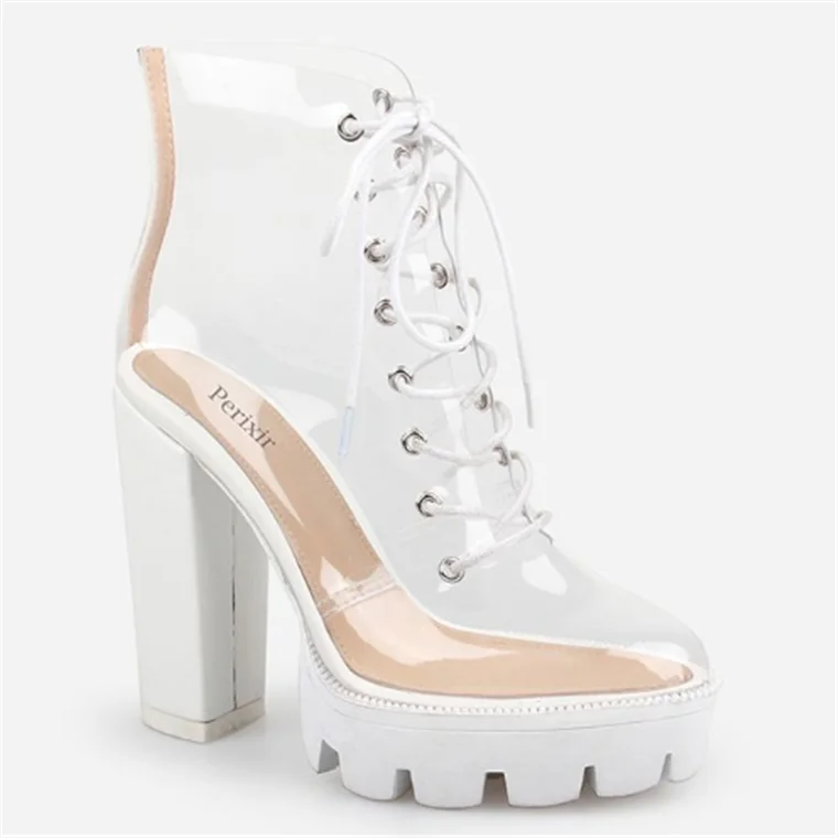 Ladies sexy transparent PVC boots chunky heel ankle shoes for women