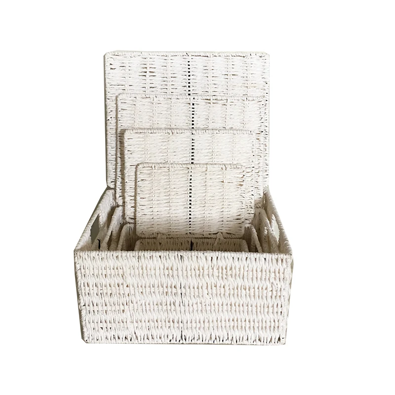Woven Paper Rope Cube Baskets With Lid Set 4 For Closet Shelves Hamper