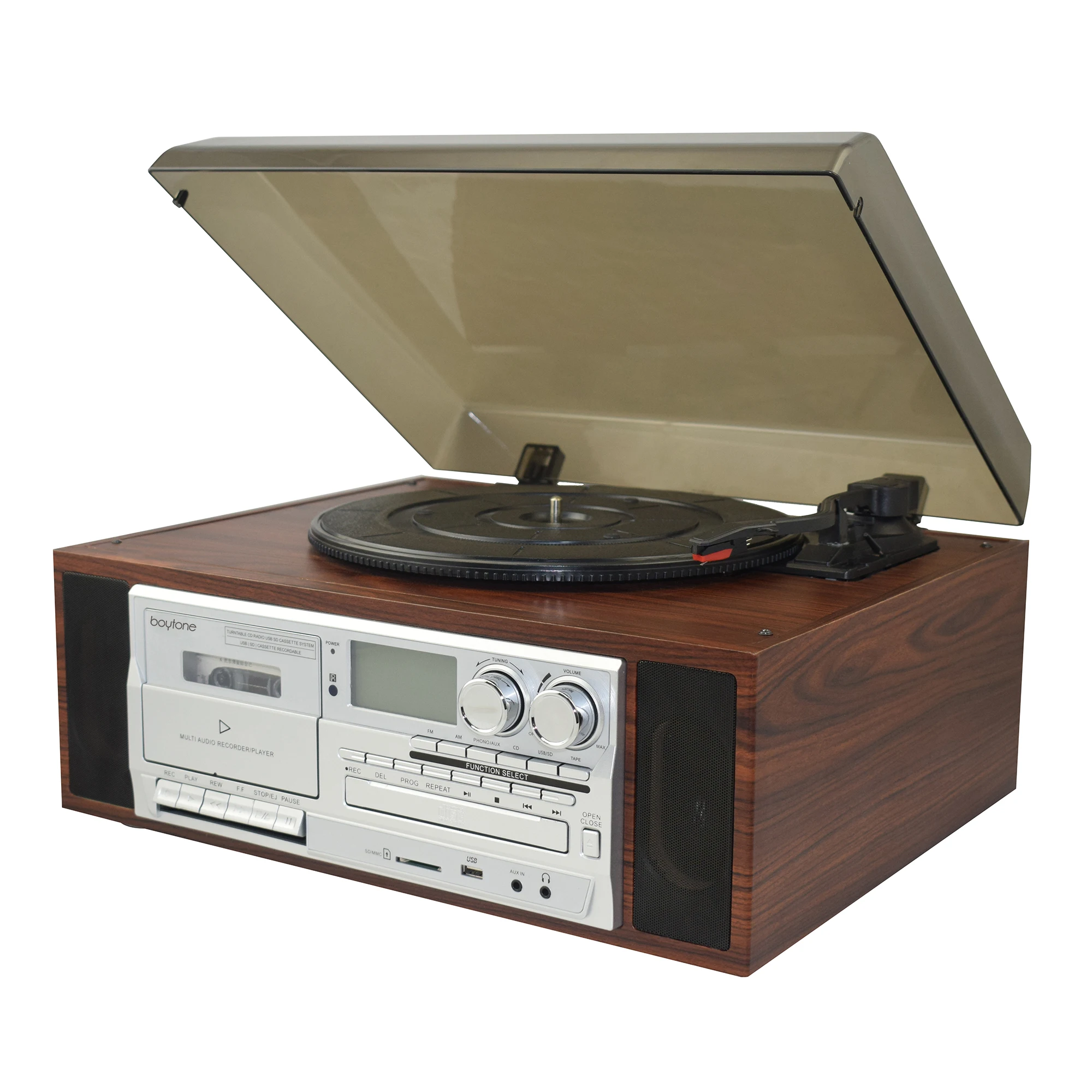 2019 hot sale Full Size Auto Return turntable vinyl record gramophone player with Cassette, USB SD play& recording& CD, RADIO
