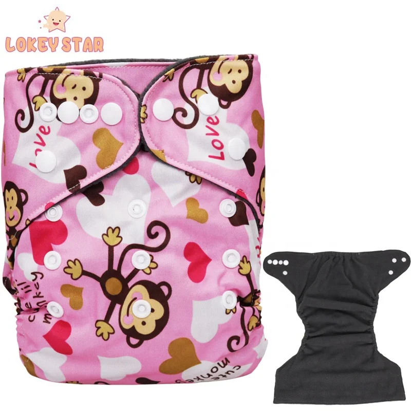 Lokeystar Pink Monkey Bamboo Charcoal Snap Button Adjustable Portable Waterproof Diaper Pants Baby Cloth Diapers