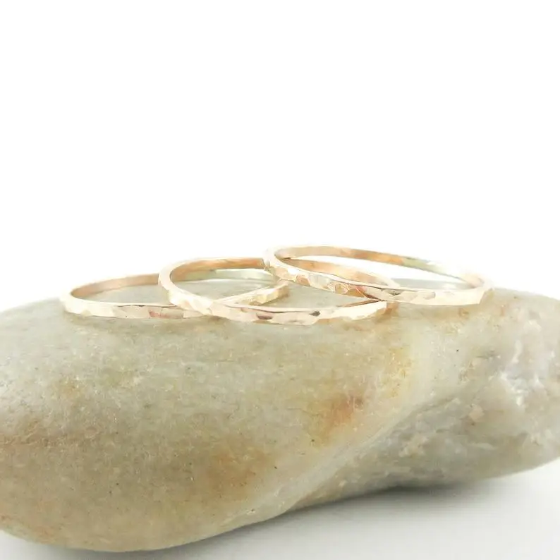 Thin Hammered Stacking Ring Skinny Rose Gold Bands Faceted Stackable Midi Women Ring Set