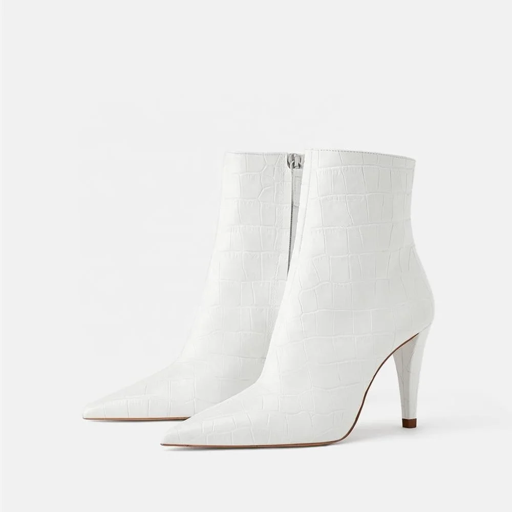 MANRINO-0251Handmade Wholesale Hotsale Plain White Color Women Slim Heel Croc Ankle Boots Shoe