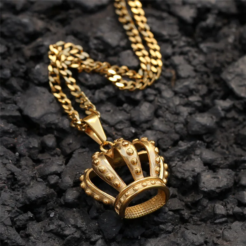 HipHop Stainless Steel Hollow Gold Plated Crown Pendant Necklace Chain for Men Women