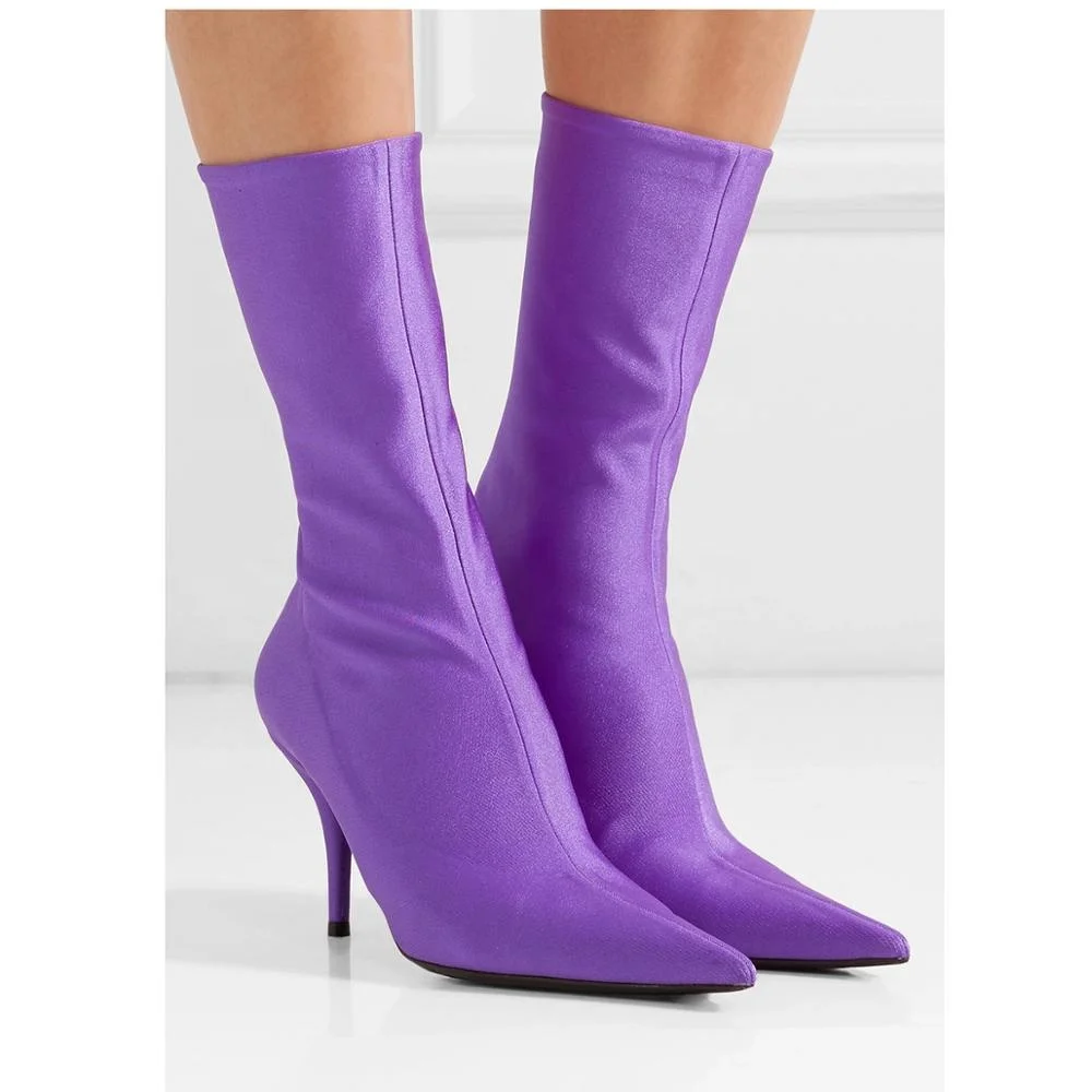 Sleek Pointed Toe Low Thin Heel Lycra Sock Woman Boot