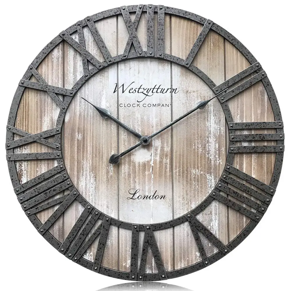Rustic Big Clocks for Living Room Decor Kitchen Indoor Mantel Quartz Movement Silent Round Huge Wood Clock Vintage Art 18 inch