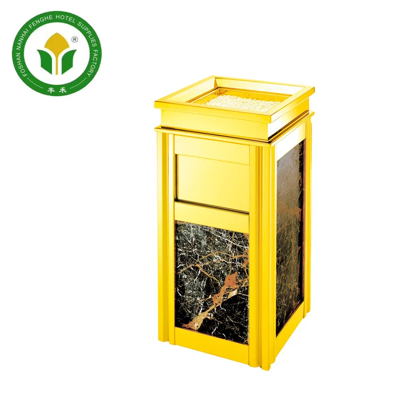 Hotel golden metal base marble waste bin trash can bin
