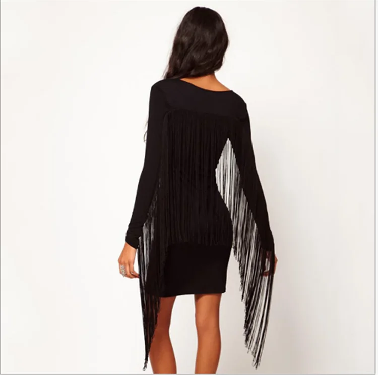 
Wholesale Summer Long Sleeves With Long Tassel Black Women Slim Fit Bodycon Dress 