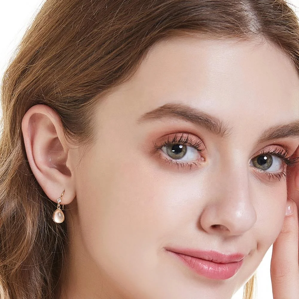 925 Sterling silver pear drop natural rose quartz pierced earrings