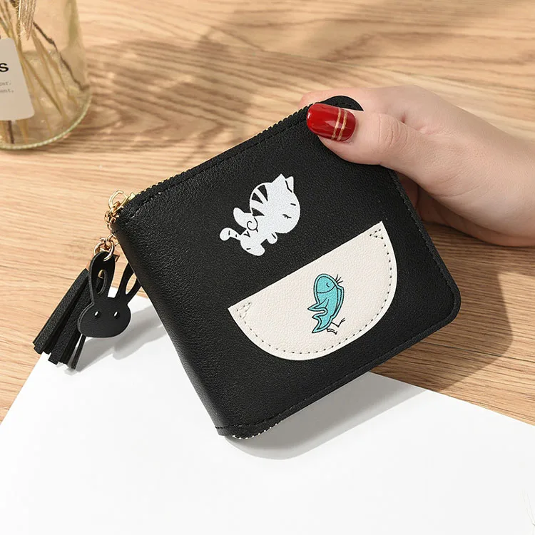 С принтом «кот ест рыбу» с бахромой; Новая кошелек длинными рукавами короткими Симпатичные портмоне для женщин обувь девочек-школьниц на молнии и квадратном мини
