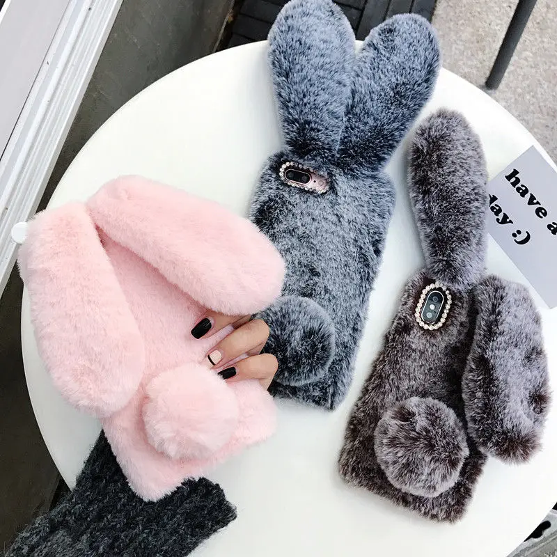 Winter Warm fluffy Bunny rabbit fur long ears tail sot tpu silicone Phone Cover case For iPhone 6s 7 8 Plus Xs 11 pro max xr