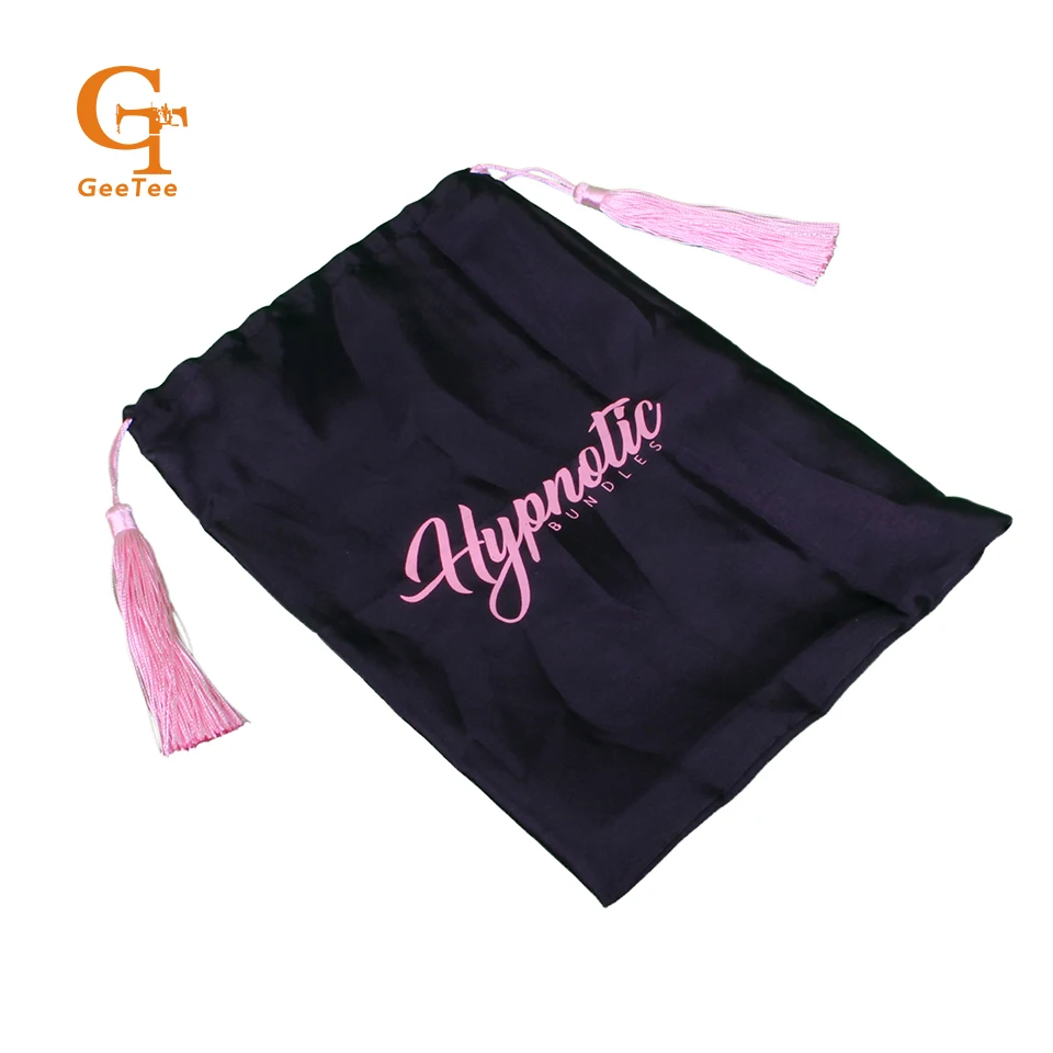 custom logo shop name Virgin hair bundle extensions packaging bags,Customized Luxury silk satin bags hair packing with tassel