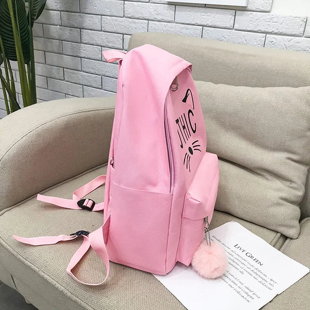 trending 2019 oem Factory wholesale women canvas backpack cute cat fashion leisure college wind girl bag set package School bag